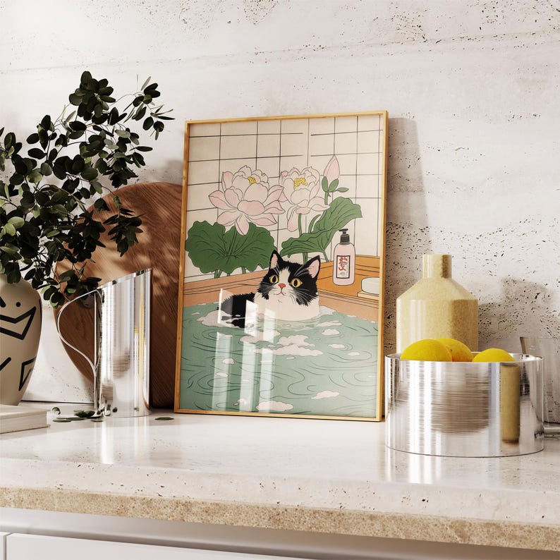 Cute Tuxedo cat in bathtub Japanese bathroom decor, Japan art print, Aesthetic wall art, Lotus Flowers poster, Unique Cat Lover Gift PS0712