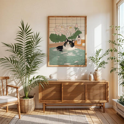 Cute Tuxedo cat in bathtub Japanese bathroom decor, Japan art print, Aesthetic wall art, Lotus Flowers poster, Unique Cat Lover Gift PS0712