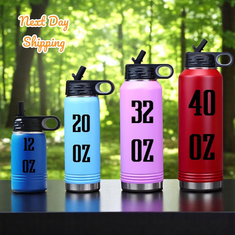 Personalized Laser Engraved Water Bottle, Stainless Steel Insulated Name Tumbler, Custom Reusable Travel Cup