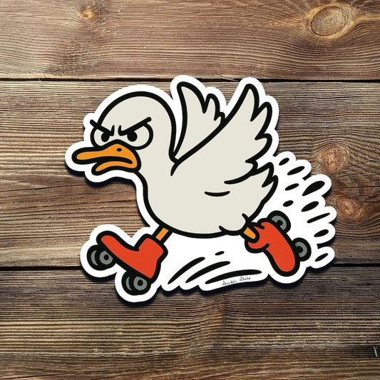 Angry Duck on Roller Skates Sticker: Funny Vinyl Decal