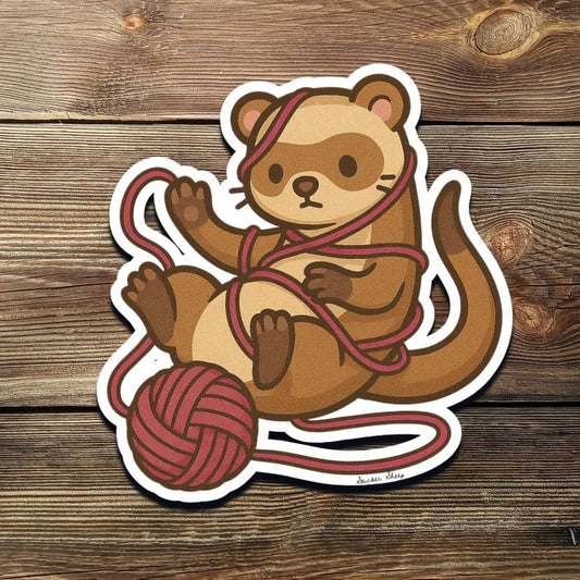 Cute Ferret with Yarn Ball Sticker – Funny Cozy Animal Vinyl Decal for Ferret Lovers, Pet Owners, and Yarn Craft Fans