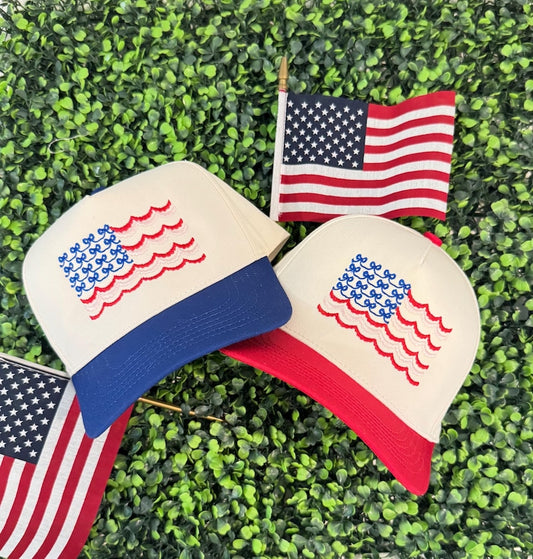 Bows and Scallop American Flag Hat - Embroidered USA Canvas Hat