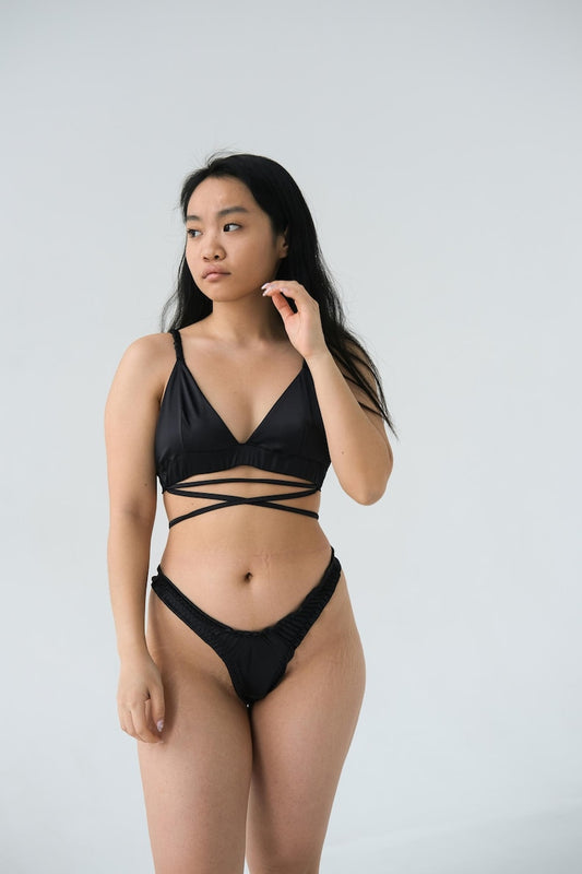 Black Silk Lingerie Set, Satin Bralette Thong, Handmade Underwear