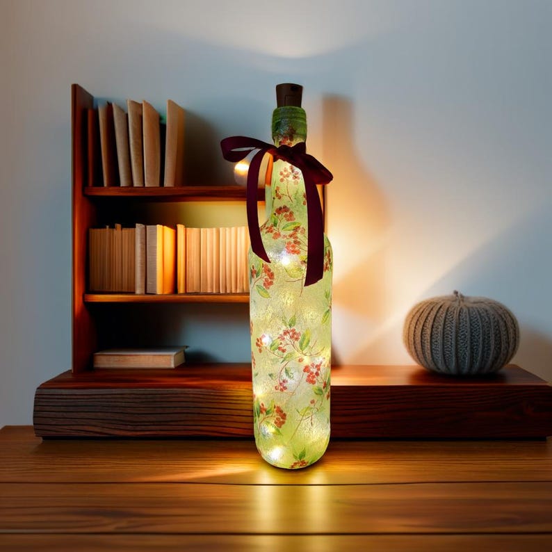 Berry Leaf Bottle Lamp | Decoupage LED Lighting | Nature Inspired Home Decor