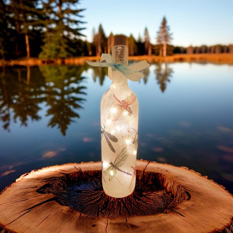 Dragonfly Bottle Lamp | Wildlife lover gift | Rustic Home Lighting | Decoupage Light