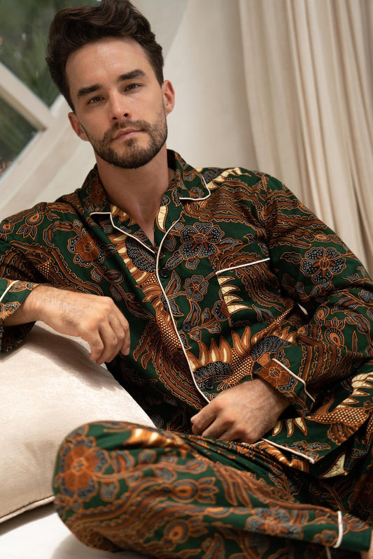 Men’s Green Cotton Long Pyjama Set, Luxury sleepwear for man, Gift for husband or boyfriend, Cotton Robe, Mens loungewear, Paisley Pajamas