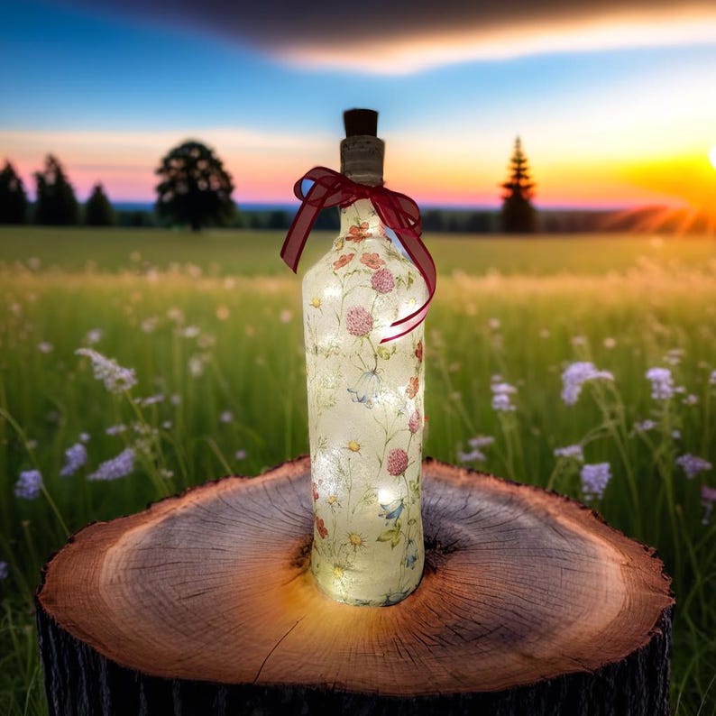 Meadow Flower Bottle Lamp | Floral lighting | Decoupage Glass Decor