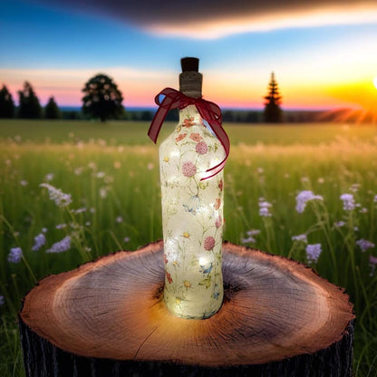 Meadow Flower Bottle Lamp | Floral lighting | Decoupage Glass Decor
