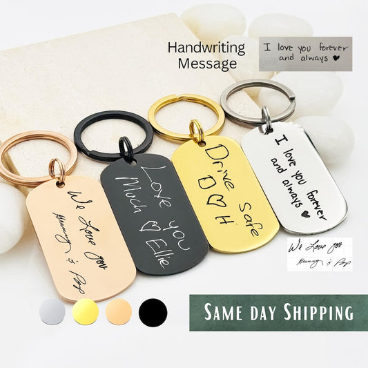 Handwriting Engraved Keychain • Stainless Steel Double Ring, Personalized Gift