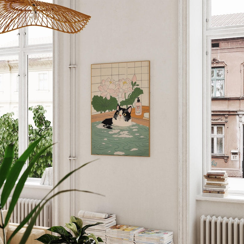 Cute Tuxedo cat in bathtub Japanese bathroom decor, Japan art print, Aesthetic wall art, Lotus Flowers poster, Unique Cat Lover Gift PS0712