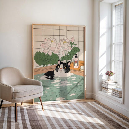 Cute Tuxedo cat in bathtub Japanese bathroom decor, Japan art print, Aesthetic wall art, Lotus Flowers poster, Unique Cat Lover Gift PS0712