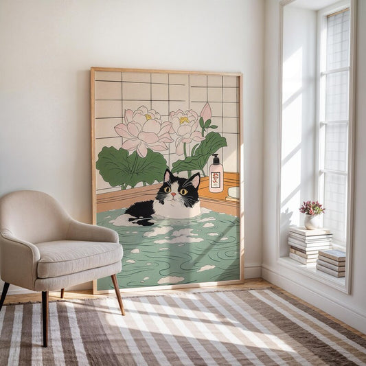 Cute Tuxedo cat in bathtub Japanese bathroom decor, Japan art print, Aesthetic wall art, Lotus Flowers poster, Unique Cat Lover Gift PS0712