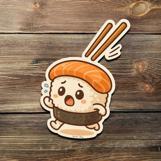 Funny Running Sushi Sticker: Kawaii Salmon Nigiri Vinyl Decal