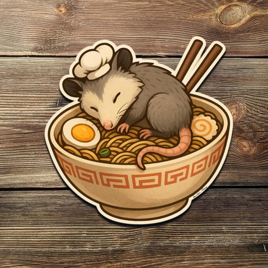 Cute Possum in Ramen Bowl Sticker – Funny Cozy Animal Noodle Soup Vinyl Decal for Laptops, Tumblers, Journals & Foodie Gifts