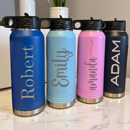 Personalized Laser Engraved Water Bottle, Stainless Steel Insulated Name Tumbler, Custom Reusable Travel Cup