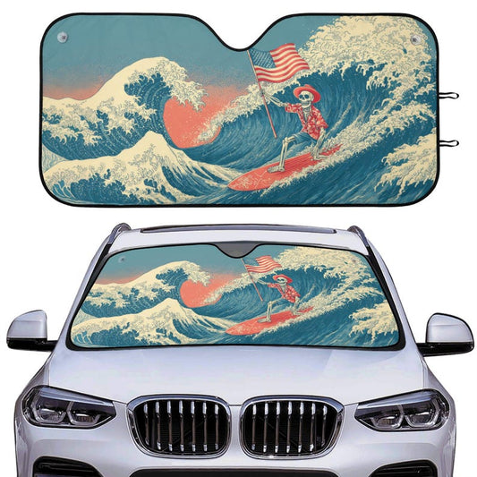 Funny Patriotic Skeleton Car Auto Sun Shade, Kanagawa Wave Windshield Sunshade, Summer Car Decor Gift, Car Accessories, Front Window Cover