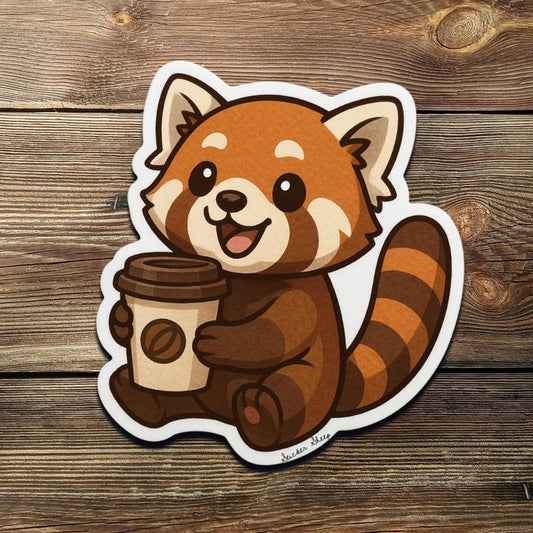 Red Panda Coffee Sticker – Cute Kawaii Animal Holding Coffee Cup Vinyl Decal, Cozy Autumn Aesthetic Gift for Caffeine and Animal Lovers