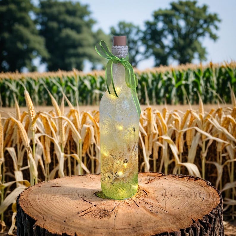 Hare Bottle Lamp | Decoupage Handmade Light | Countryside themed gift