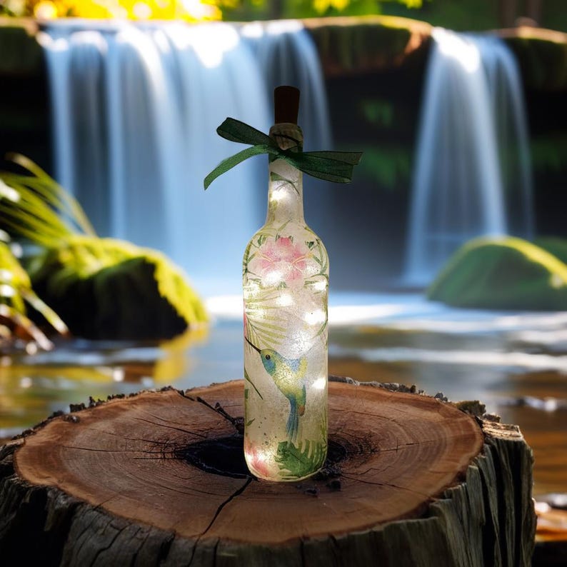 Hummingbird Bottle Lamp | Handmade LED Glass Bottle Light | Bird Lover Gift | Nature Home Decor