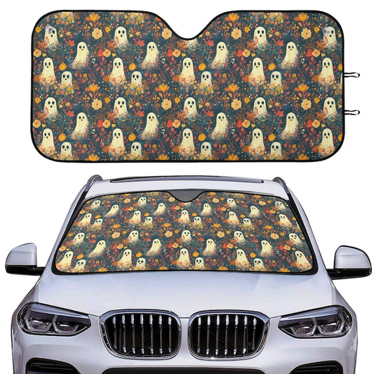 Spooky Flower Garden Car Auto Sun Shade, Ghost Floral Windshield Sunshade, Summer Car Decor Gift, Car Accessories, Front Window Cover