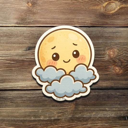 Kawaii Moon Sticker: Shy Moon Peeking Through Clouds Vinyl Decal