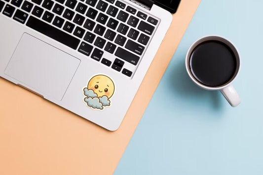 Kawaii Moon Sticker: Shy Moon Peeking Through Clouds Vinyl Decal