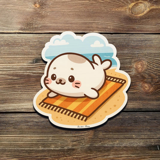Kawaii Beach Seal Sticker: Waterproof Vinyl Decal