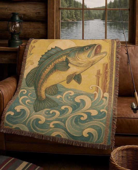 Bass Fishing Blanket for Men, Vintage Woven Throw, Fisherman Gift, Lakehouse Decor, Coastal Cabin Blanket, Lucky Levi Outdoor Lifestyle Gift