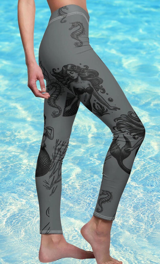Mid-Rise Mermaid Leggings, Coastal Ocean Art Leggings, Sea Life Yoga Pants, Nautical Activewear