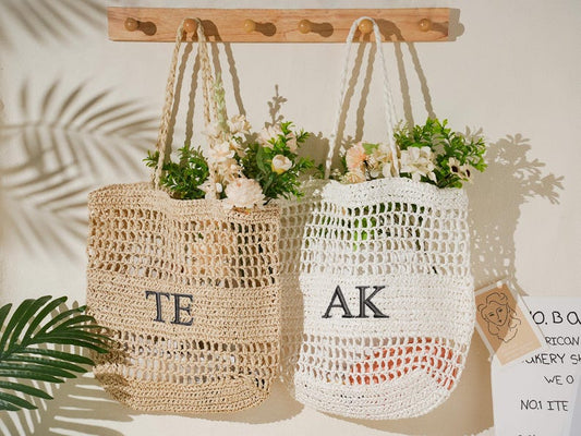 Personalized Beach Tote Bag,Custom initials handle bag,Beach straw bag,Girls travel tote bag,Embroidery beach bagBachelorette party gift bag