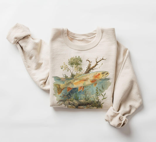 Retro Cutthroat Trout Underwater Scene Sweatshirt - Fly Fishing Gift - River Trout Fish Habitat Outfit -  -  Boho Unisex Crewneck Sweatshirt