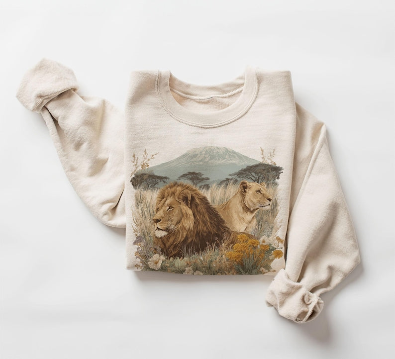 Retro African Lions Wildflowers Summer Safari Sweatshirt - 90s Cute Lion Lioness Mount Kilimanjaro Outfit - Boho Unisex Crewneck Sweatshirt