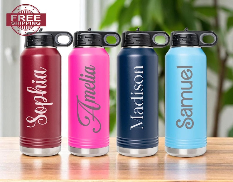 Personalized Laser Engraved Water Bottle, Stainless Steel Insulated Name Tumbler, Custom Reusable Travel Cup