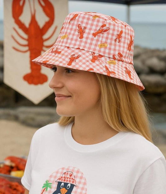 Gingham Lobster and Butter Bucket Hat, Summer Vacation Seafood Lover Cap, Beach Hat, Holiday Sun Hat, Tropical Travel Headwear
