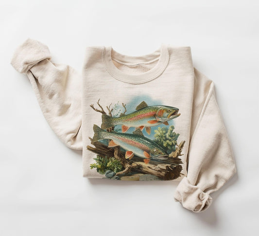 Retro Rainbow Trout Underwater Scene Sweatshirt - River Trout Fish Habitat Outfit - Fly Fishing Gift -  Boho Unisex Crewneck Sweatshirt