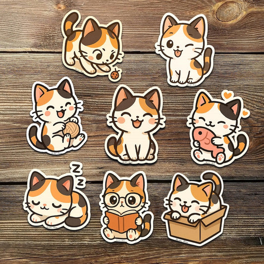 Cute Calico Cat Sticker Pack Kawaii Cartoon Kitty Vinyl Decals for Laptop Water Bottle Scrapbook Planner Gift for Cat Lovers and Kids