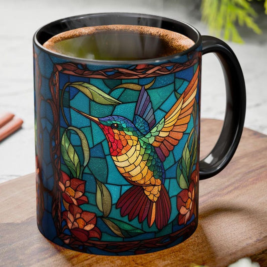Hummingbird Stained Glass Mug Coffee Cup 11oz & 15oz - 6 Mug Colors - Colorful Humming Bird in Flowers Mosaic Art Gift -Floral Tea Cup