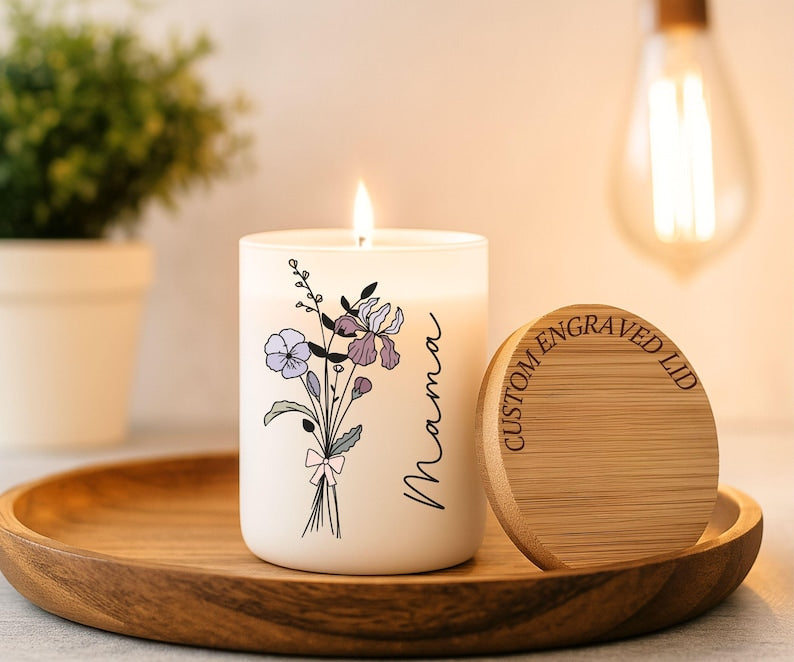 Personalized Birth Flower Candle, Birthday Gift, Coquette Birth Flower, Custom Fragrant Jar Candle Gift, Gift For Mom, Gift For Daughter