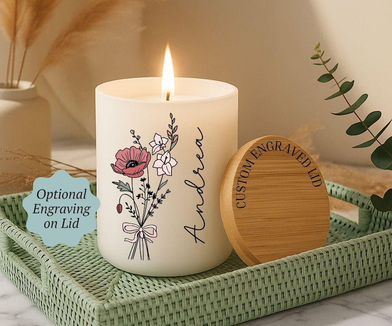 Personalized Birth Flower Candle, Birthday Gift, Coquette Birth Flower, Custom Fragrant Jar Candle Gift, Gift For Mom, Gift For Daughter