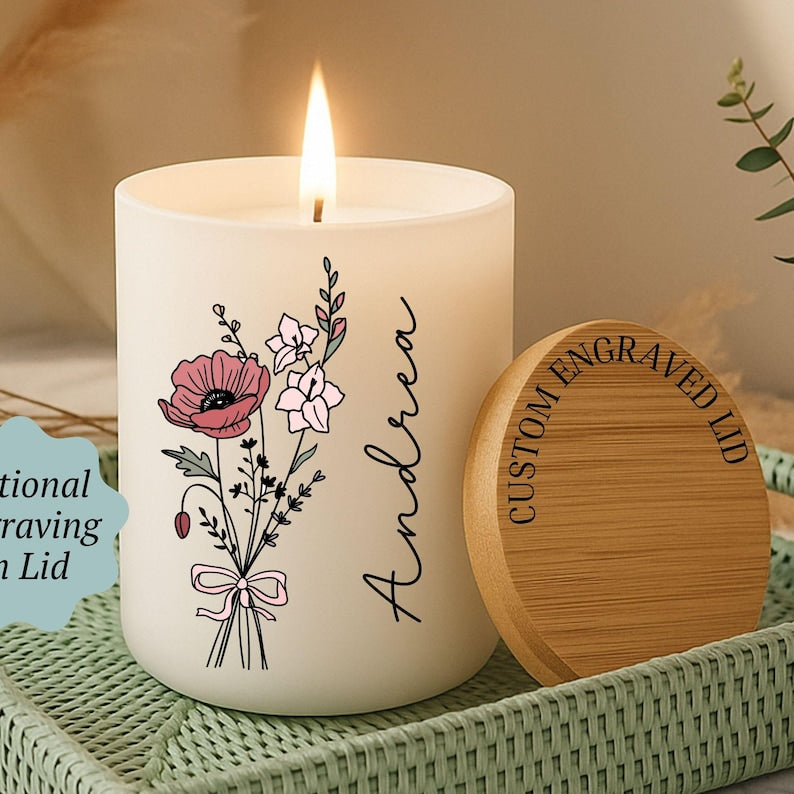 Personalized Birth Flower Candle, Birthday Gift, Coquette Birth Flower, Custom Fragrant Jar Candle Gift, Gift For Mom, Gift For Daughter
