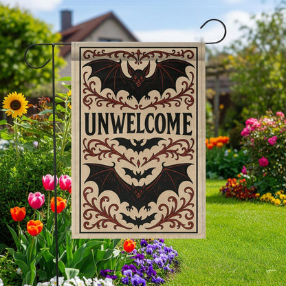 Gothic Halloween Garden Flag: Unwelcome Bat Decor, Spooky Outdoor Banner