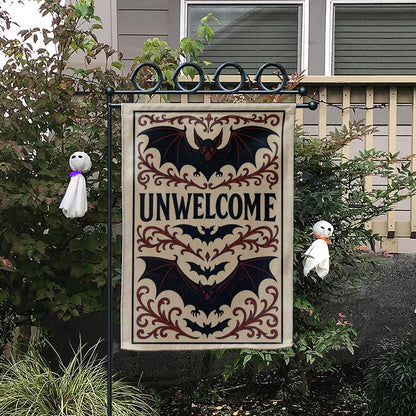 Gothic Halloween Garden Flag: Unwelcome Bat Decor, Spooky Outdoor Banner
