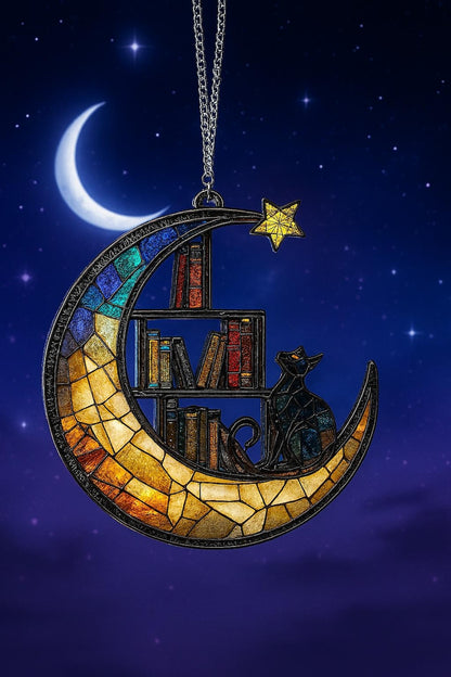 Moon Cat Library Suncatcher, Book Lover Window Decor