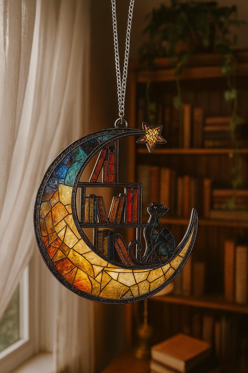 Moon Cat Library Suncatcher, Book Lover Window Decor