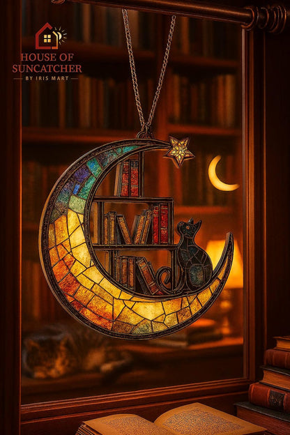 Moon Cat Library Suncatcher, Book Lover Window Decor