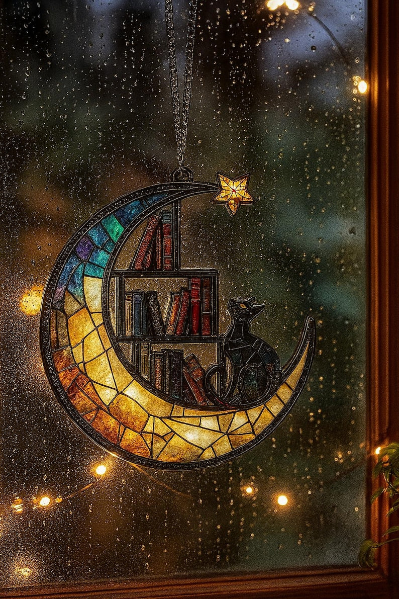 Moon Cat Library Suncatcher, Book Lover Window Decor