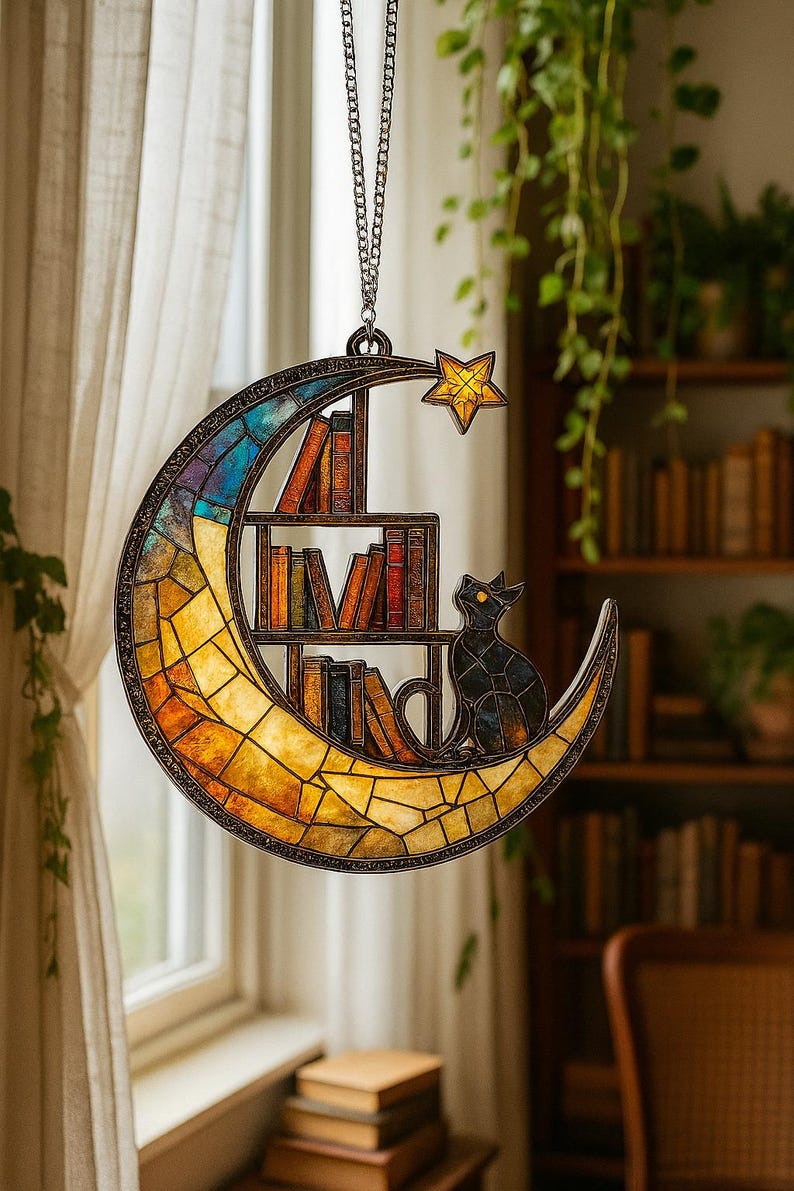 Moon Cat Library Suncatcher, Book Lover Window Decor