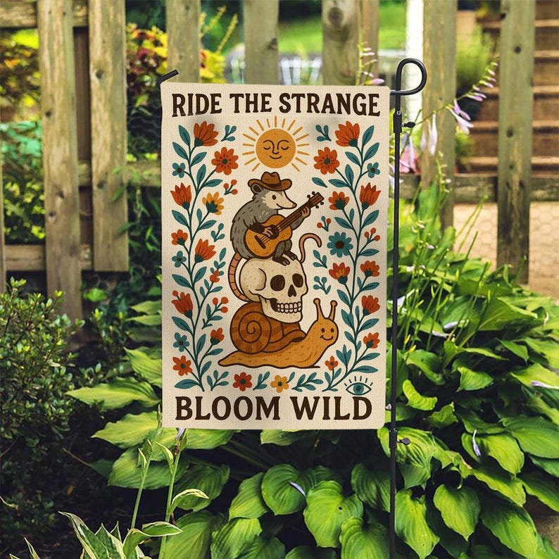 Ride the Strange Garden Flag, Bloom Wild Possum Decor, Whimsical Skull Yard Banner, Folk Outdoor Flag, Cottagecore Gift, Wild Garden Flag