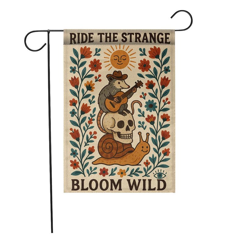 Ride the Strange Garden Flag, Bloom Wild Possum Decor, Whimsical Skull Yard Banner, Folk Outdoor Flag, Cottagecore Gift, Wild Garden Flag