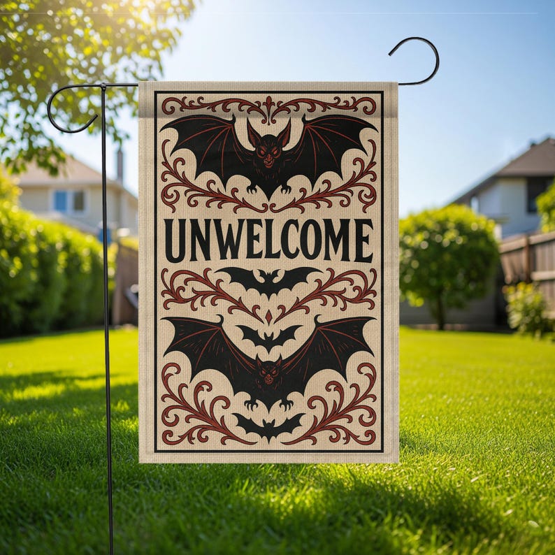 Gothic Halloween Garden Flag: Unwelcome Bat Decor, Spooky Outdoor Banner